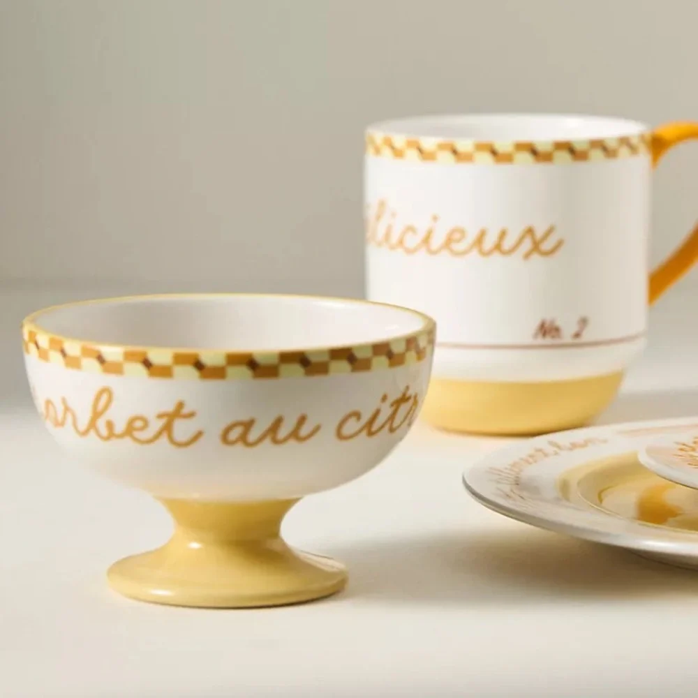 NWT Anthropologie Ice Cream Bowl Cafe Violette Handpainted Stoneware Yellow - Picture 6 of 8